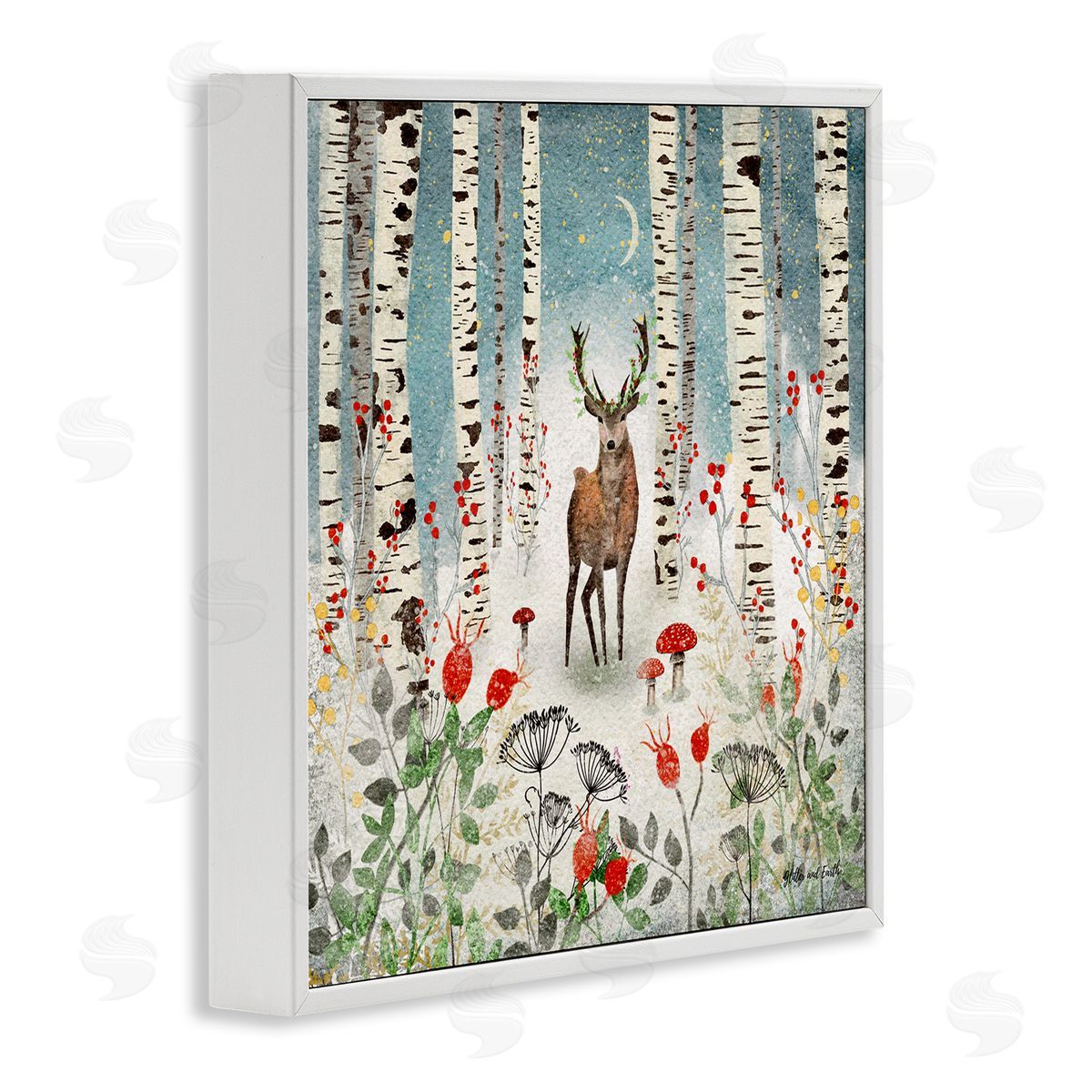 Jacqueline Wild Deer In Nighttime Birch Forest White Framed Glicee Wall Art Print