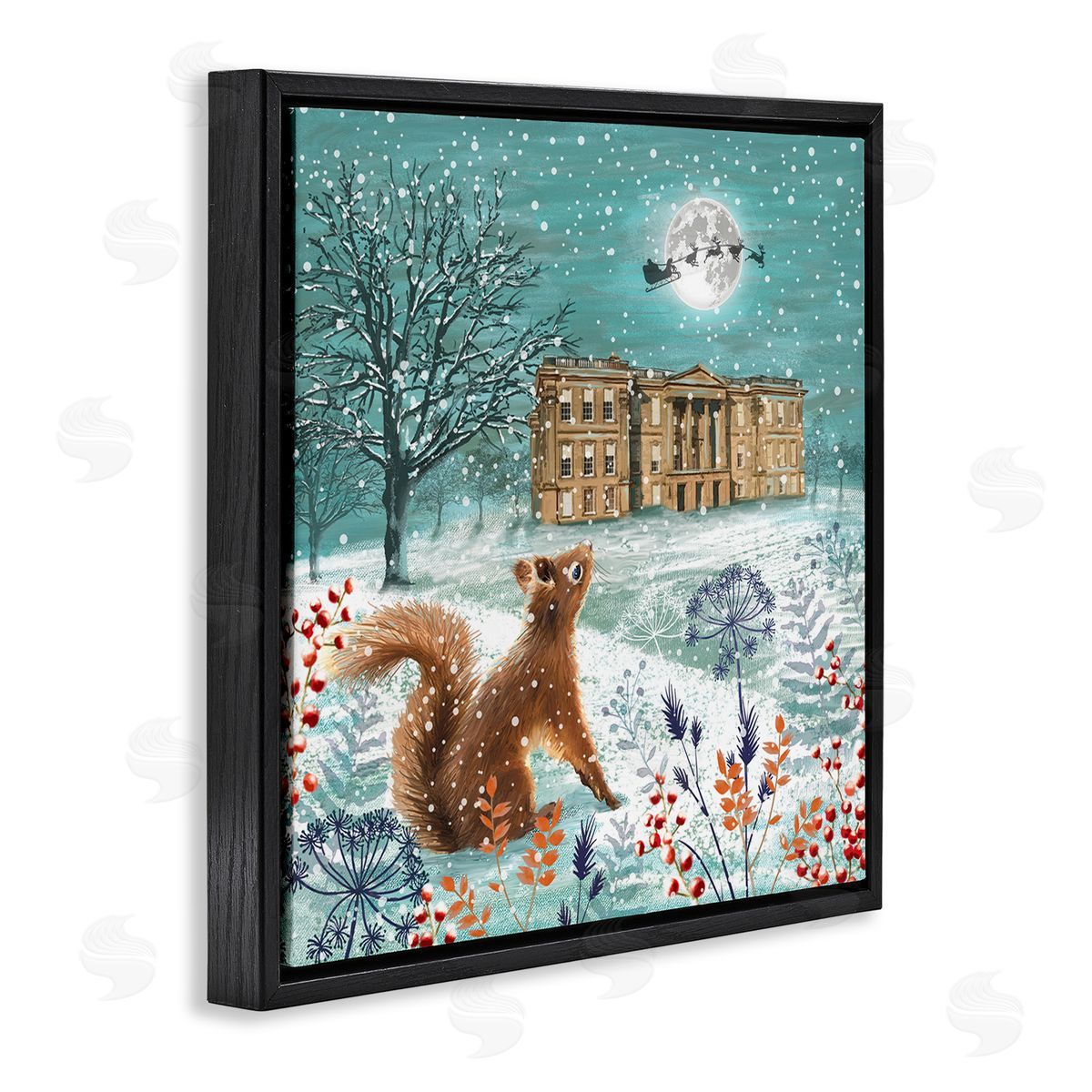 Jane Sunner Squirrel Watching Santa Claus Black Floating Frame Canvas Wall Art Print