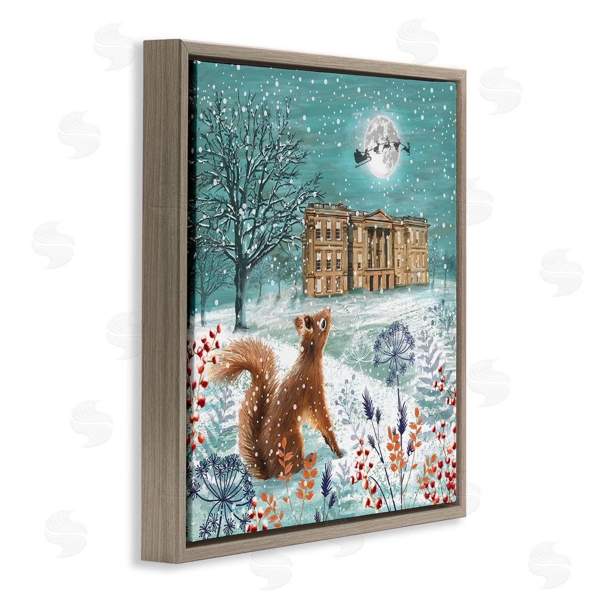 Jane Sunner Squirrel Watching Santa Claus Brown Floating Frame Canvas Wall Art Print