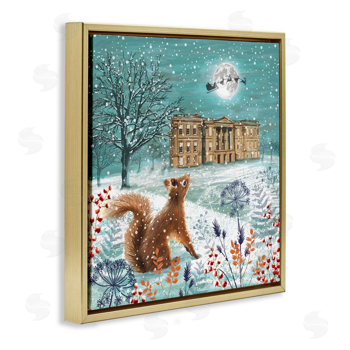 Jane Sunner Squirrel Watching Santa Claus Gold Floating Frame Canvas Wall Art Print