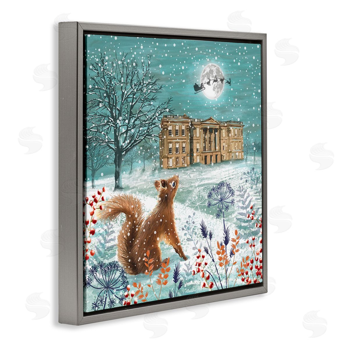 Jane Sunner Squirrel Watching Santa Claus Gray Floating Frame Canvas Wall Art Print