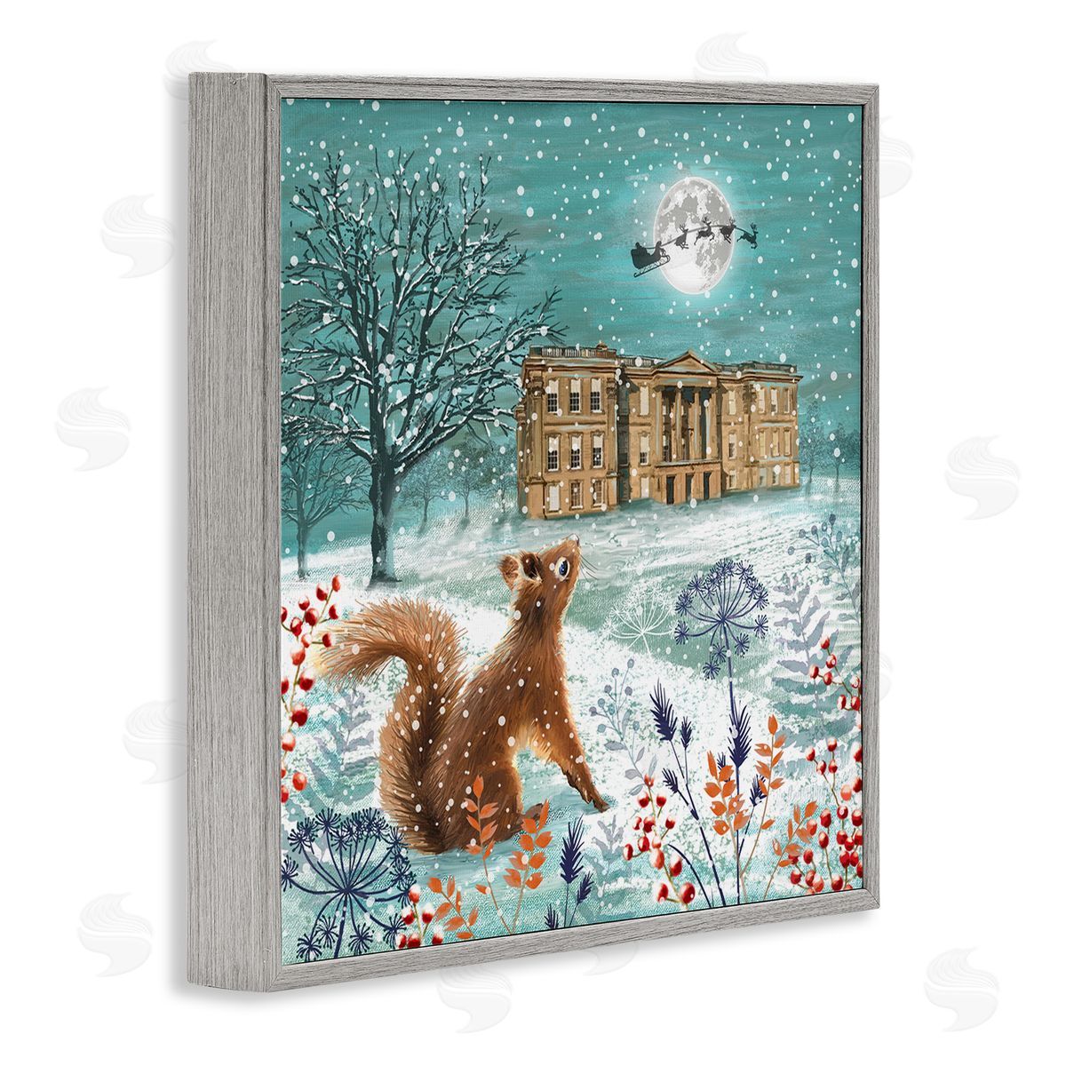 Jane Sunner Squirrel Watching Santa Claus Gray Framed Glicee Wall Art Print