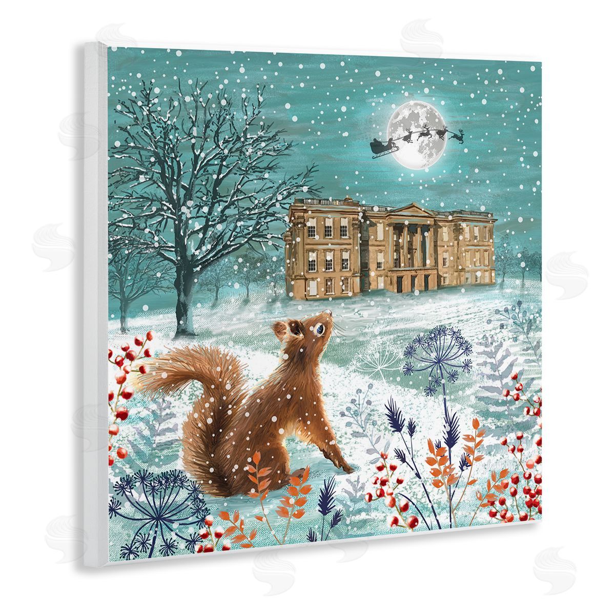 Jane Sunner Squirrel Watching Santa Claus Wooden Wall Plaque Art Print