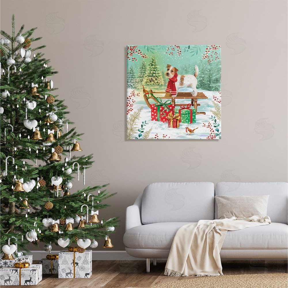 Jane Sunner Puppy On Sled Christmas Gifts Canvas Wall Art in Room