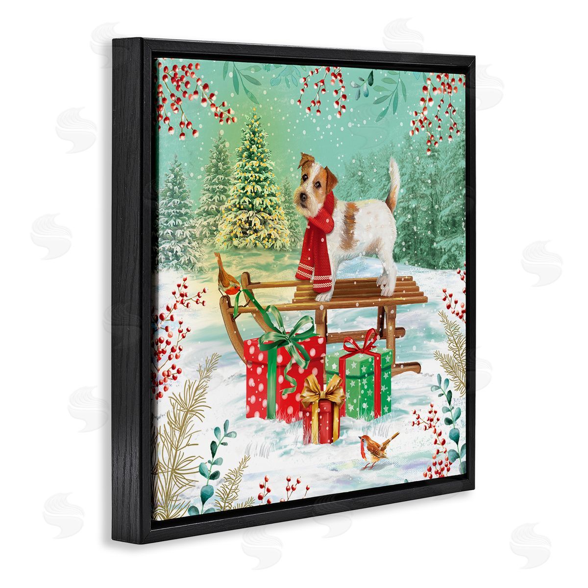 Jane Sunner Puppy On Sled Christmas Gifts Black Floating Frame Canvas Wall Art Print