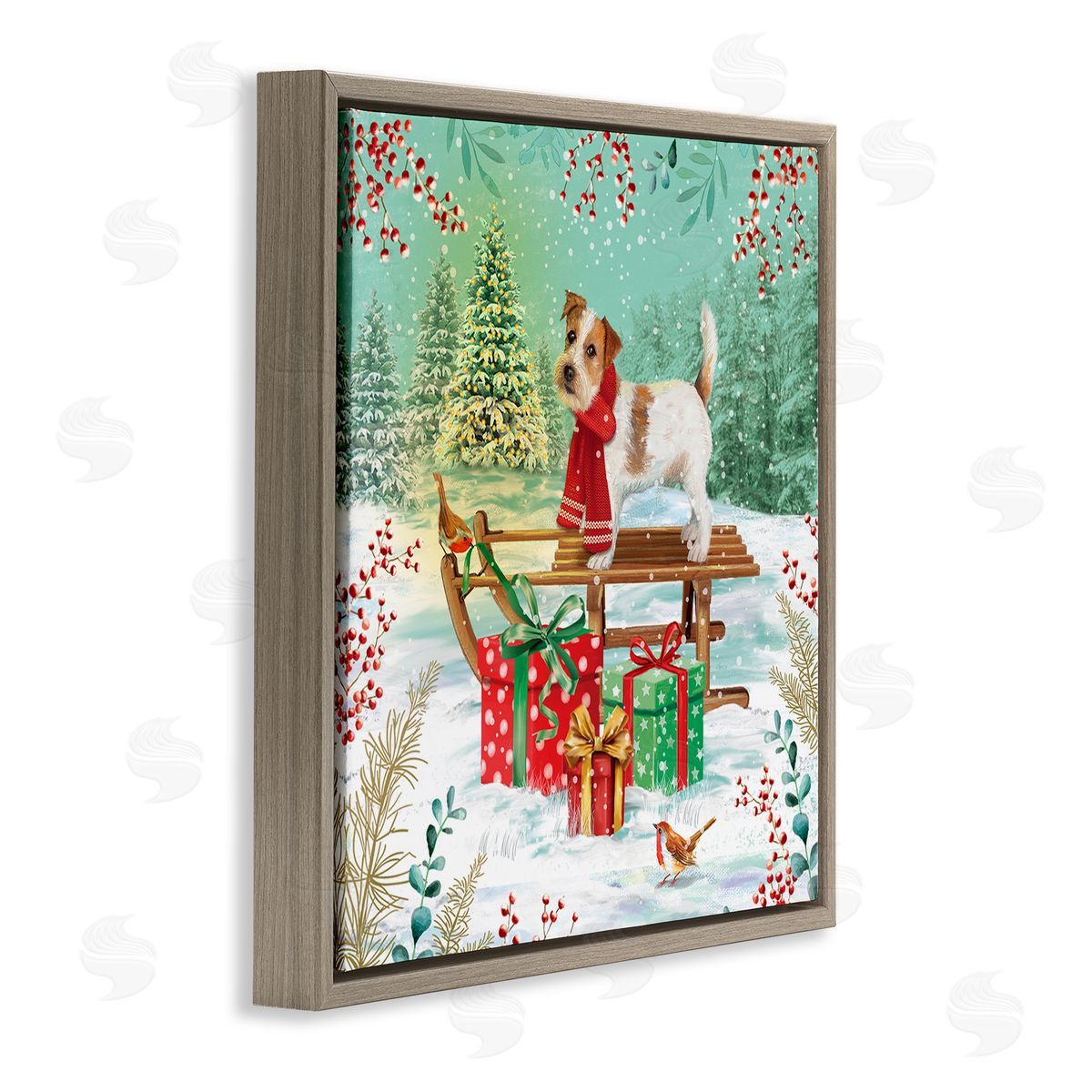Jane Sunner Puppy On Sled Christmas Gifts Brown Floating Frame Canvas Wall Art Print