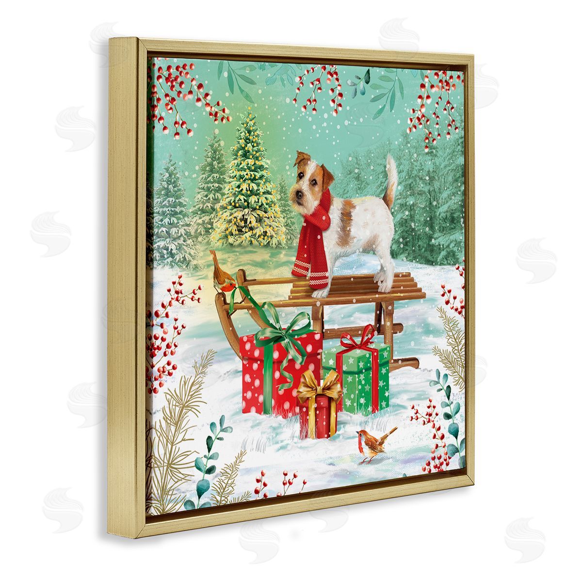 Jane Sunner Puppy On Sled Christmas Gifts Gold Floating Frame Canvas Wall Art Print