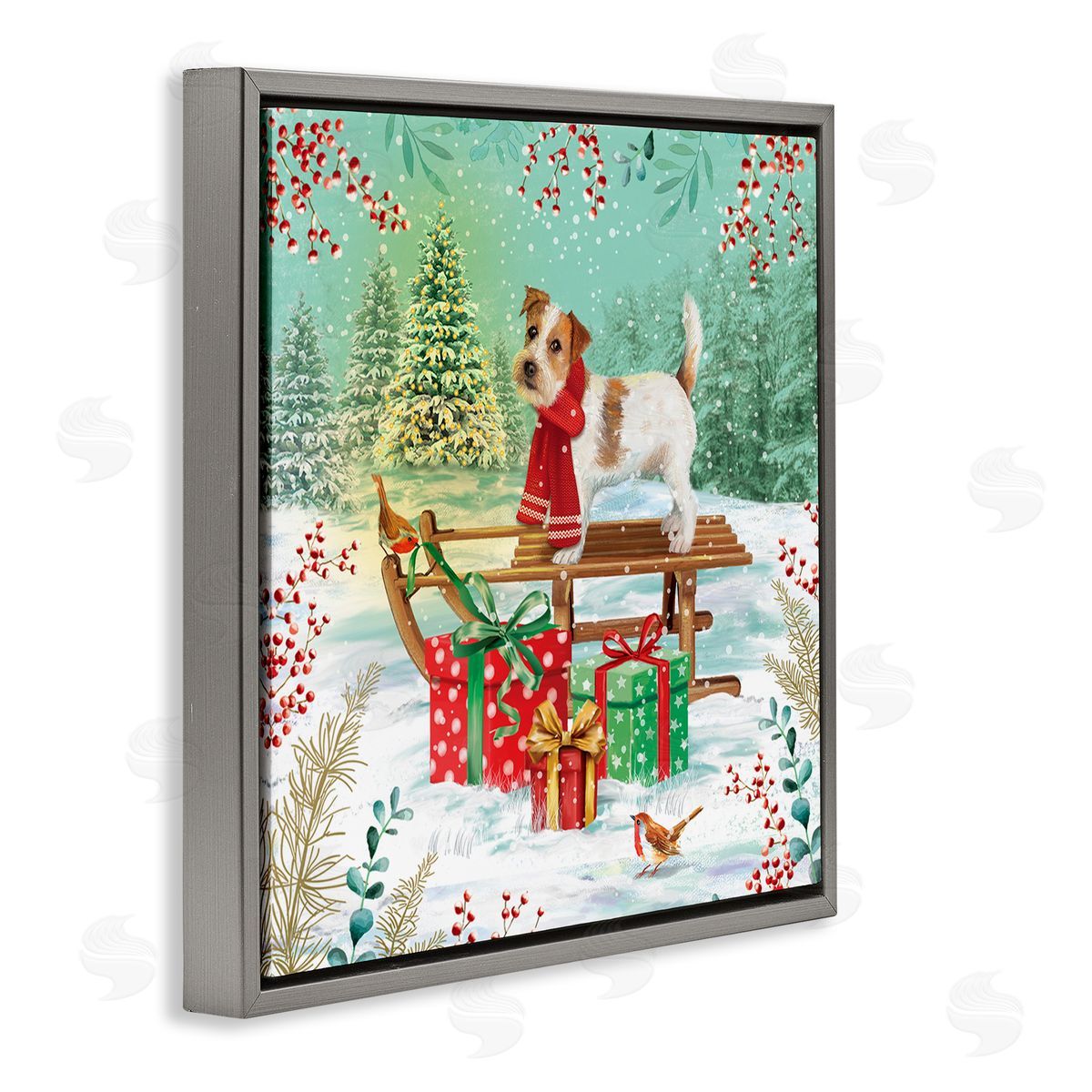 Jane Sunner Puppy On Sled Christmas Gifts Gray Floating Frame Canvas Wall Art Print