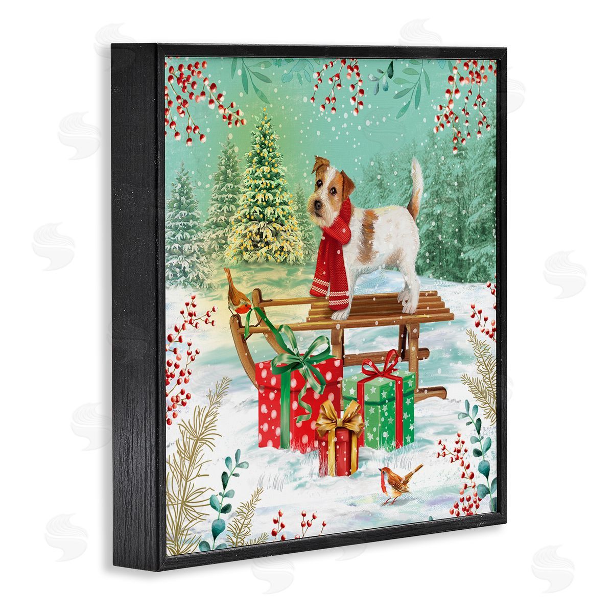 Jane Sunner Puppy On Sled Christmas Gifts Black Framed Glicee Wall Art Print