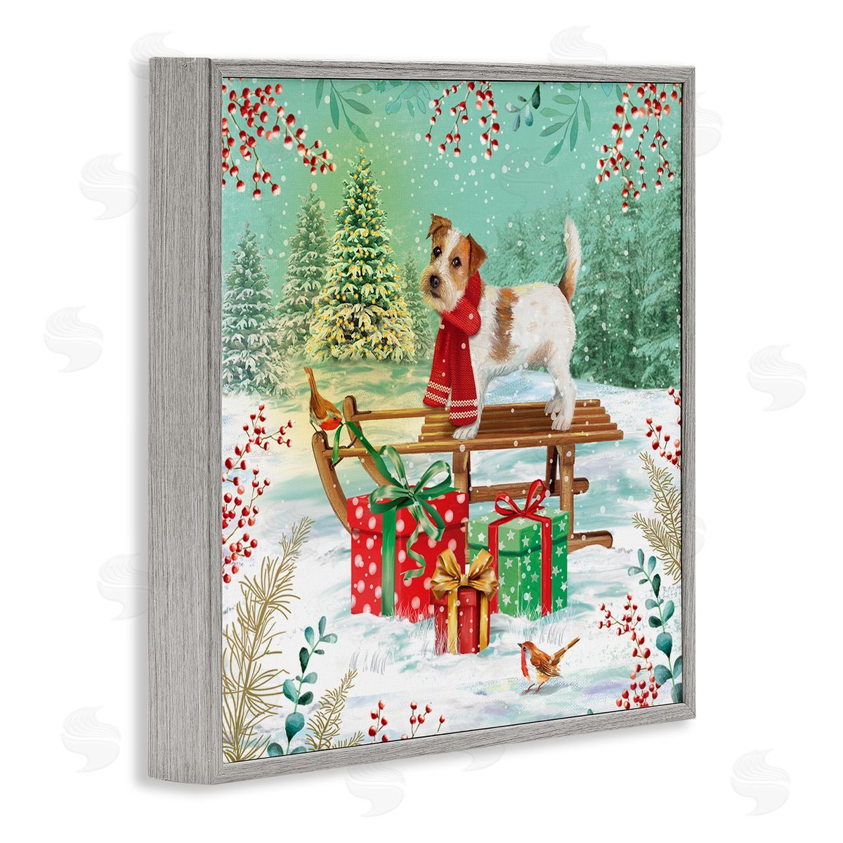 Jane Sunner Puppy On Sled Christmas Gifts Gray Framed Glicee Wall Art Print