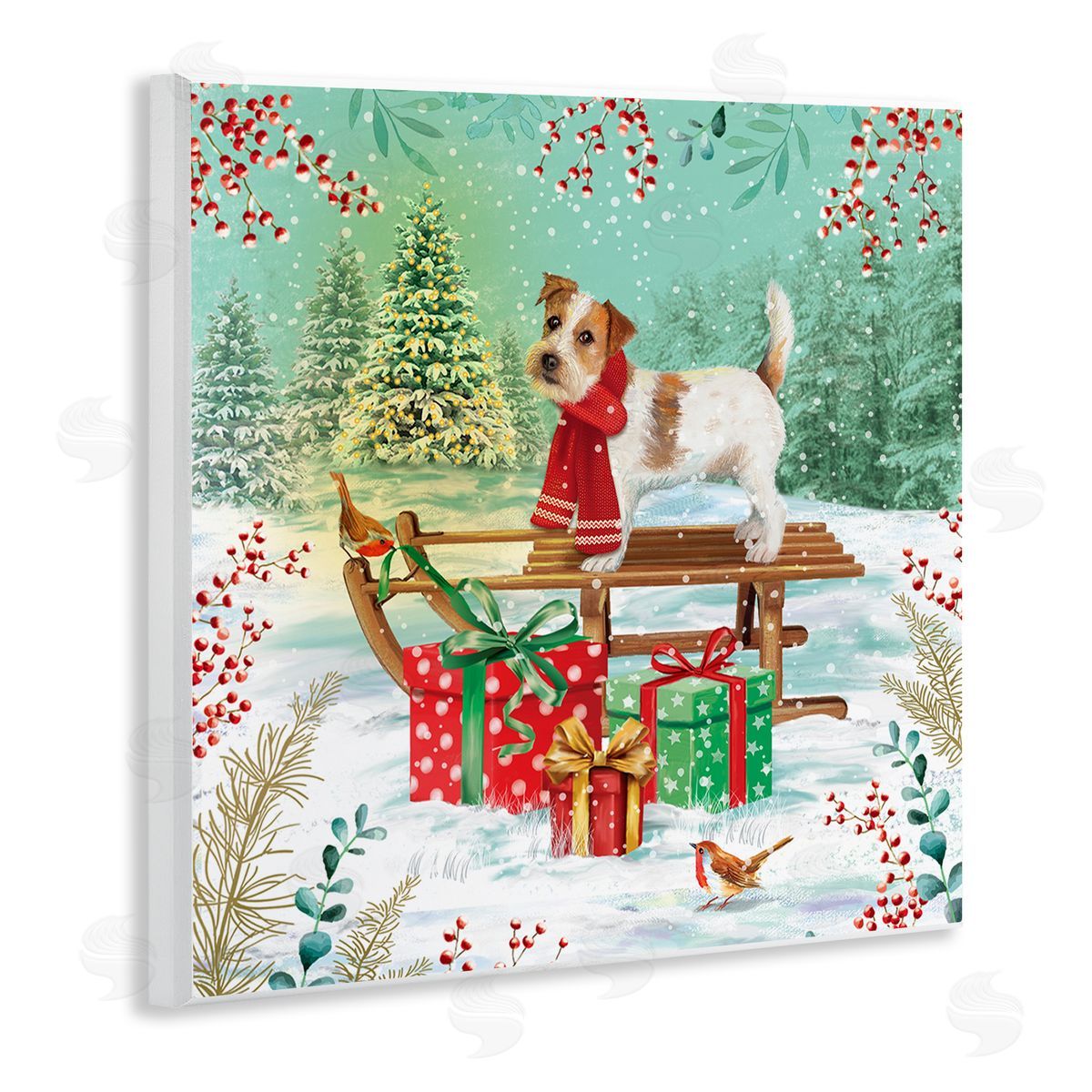 Jane Sunner Puppy On Sled Christmas Gifts Wooden Wall Plaque Art Print