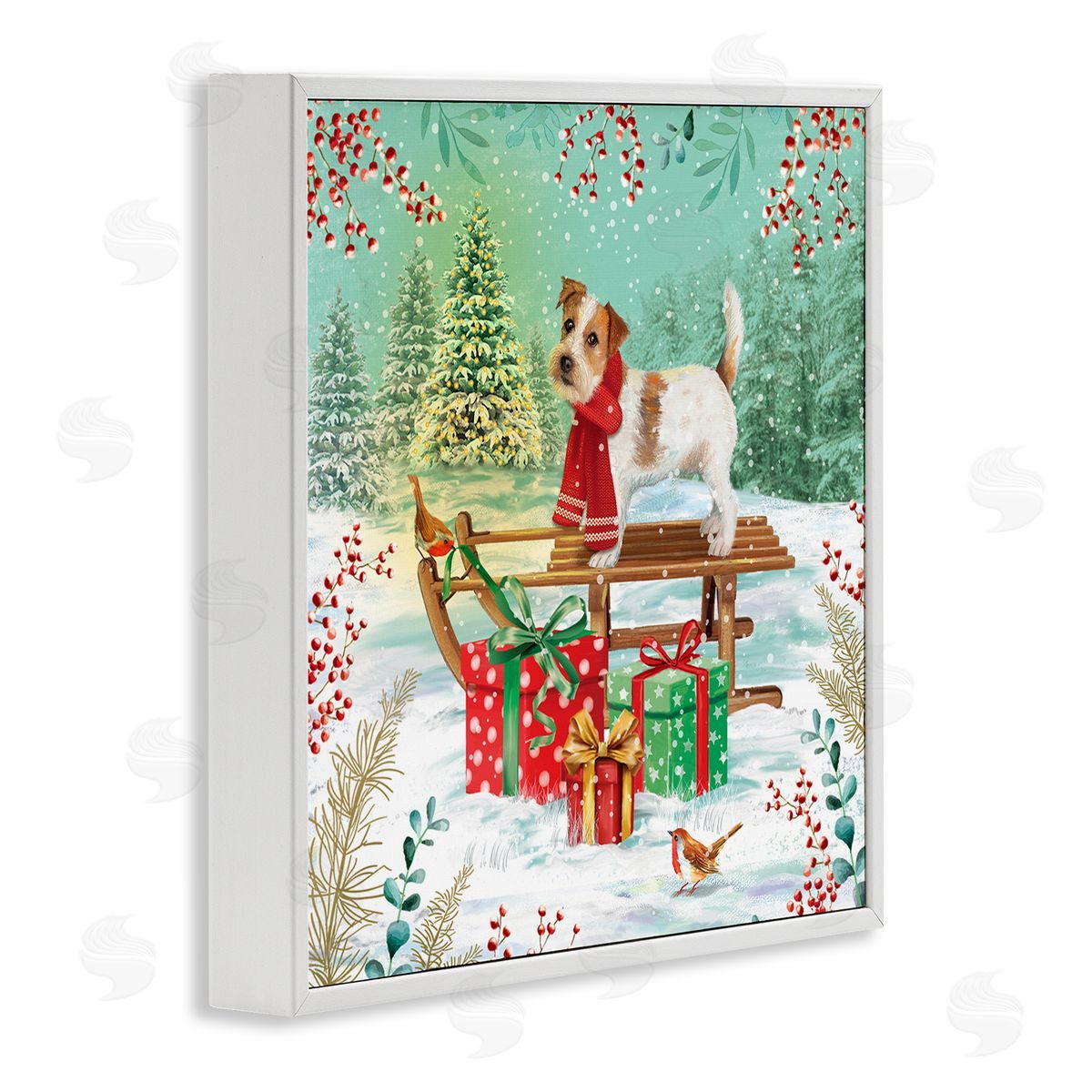 Jane Sunner Puppy On Sled Christmas Gifts White Framed Glicee Wall Art Print