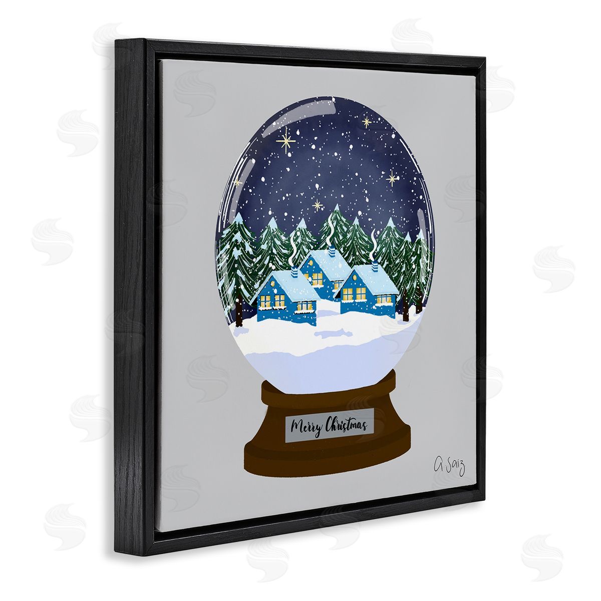 Ale Saiz Studio Merry Christmas Winter Snow Globe Black Floating Frame Canvas Wall Art Print