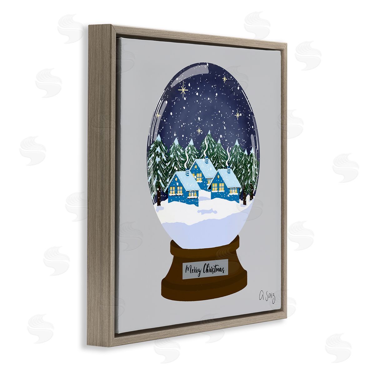 Ale Saiz Studio Merry Christmas Winter Snow Globe Brown Floating Frame Canvas Wall Art Print