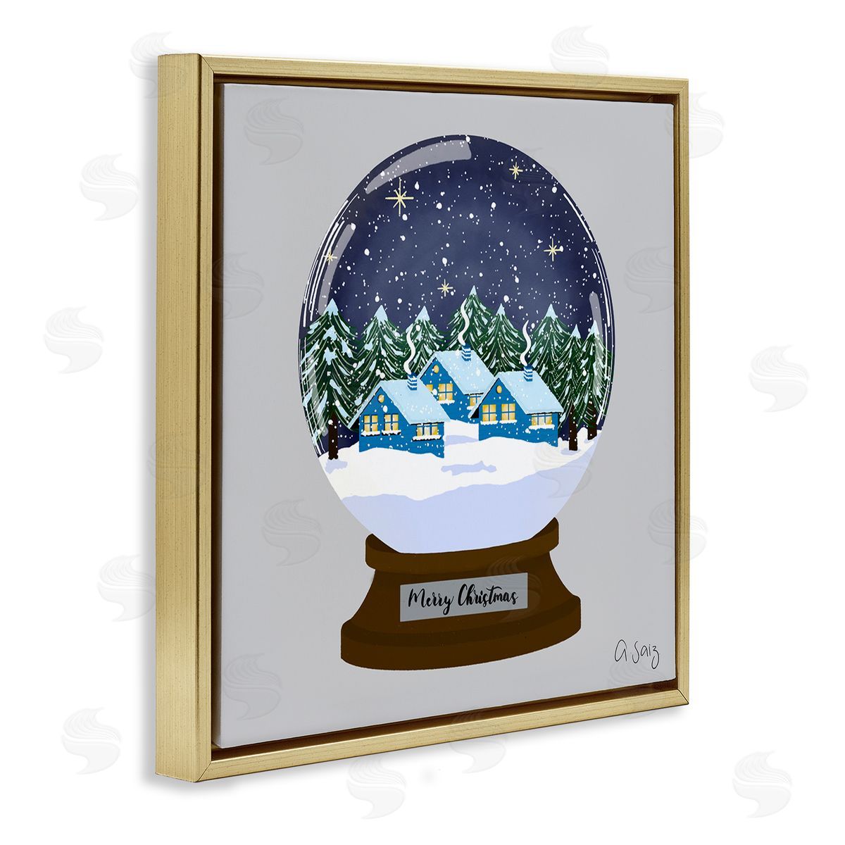 Ale Saiz Studio Merry Christmas Winter Snow Globe Gold Floating Frame Canvas Wall Art Print