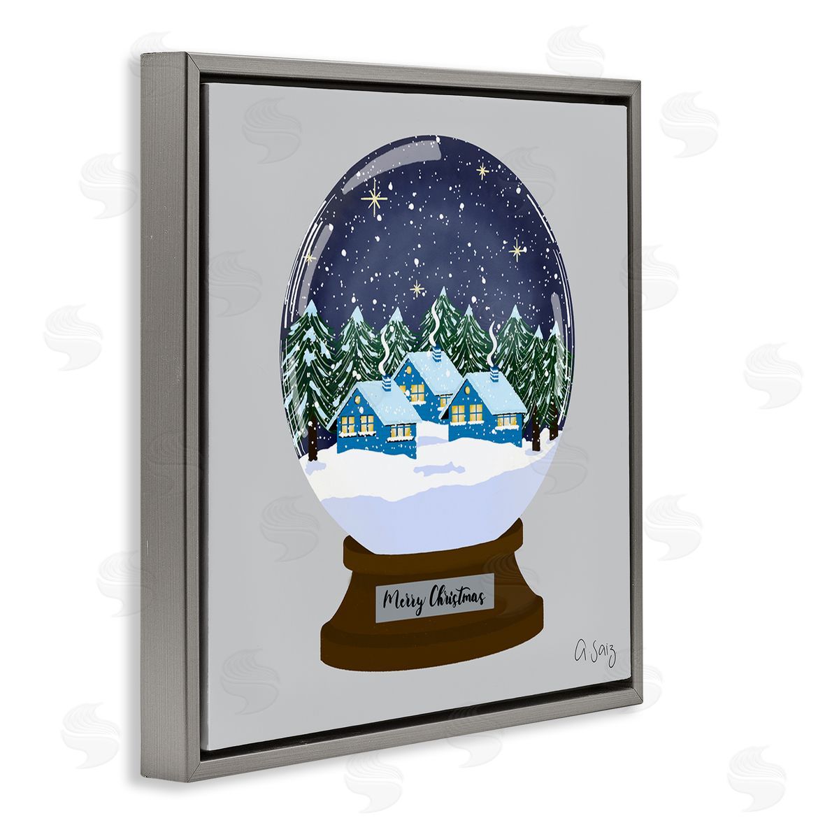 Ale Saiz Studio Merry Christmas Winter Snow Globe Gray Floating Frame Canvas Wall Art Print