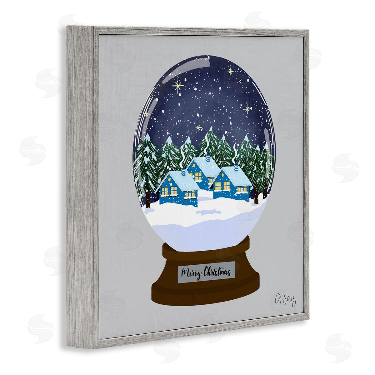 Ale Saiz Studio Merry Christmas Winter Snow Globe Gray Framed Glicee Wall Art Print