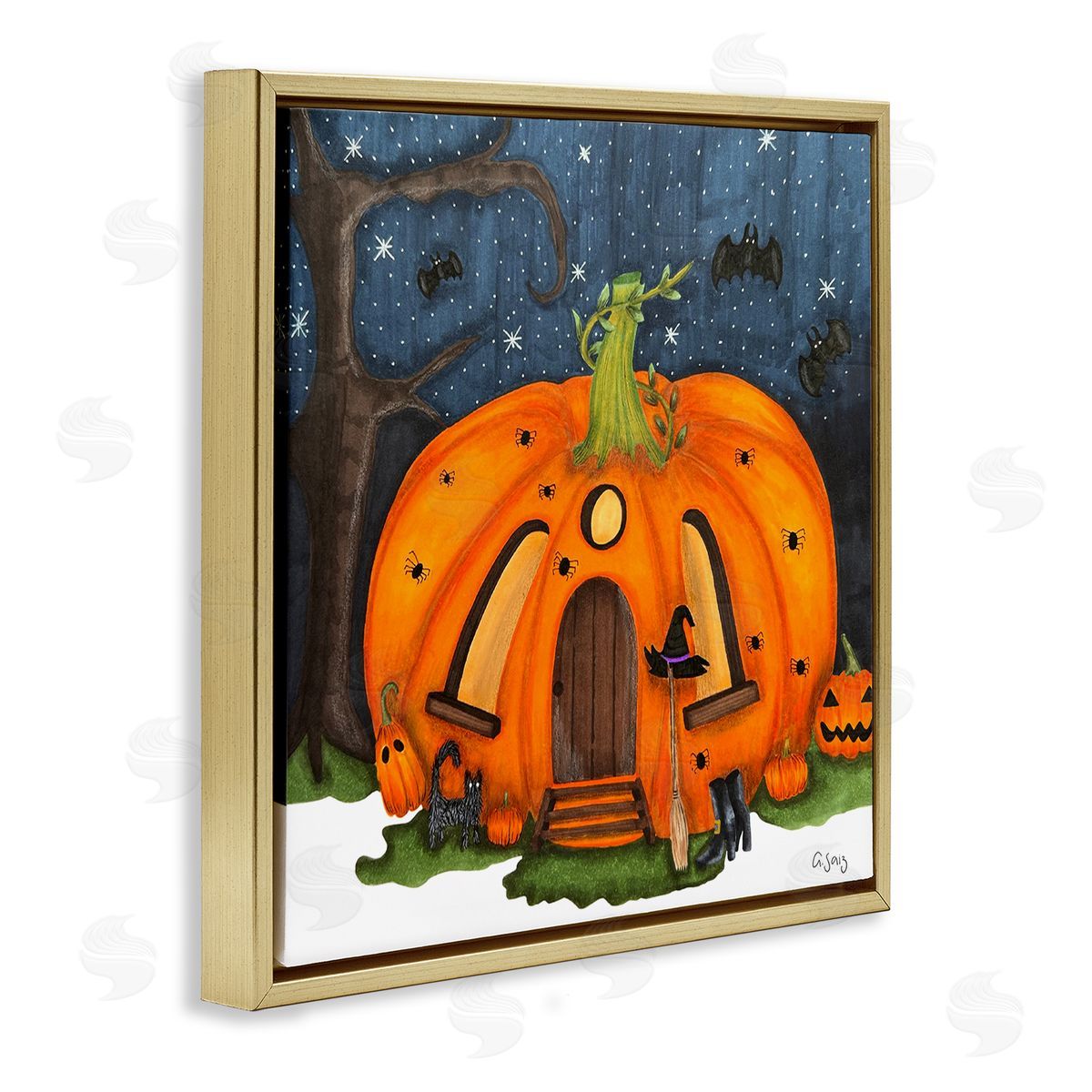 Ale Saiz Studio Pumpkin House In Woods Gold Floating Frame Canvas Wall Art Print