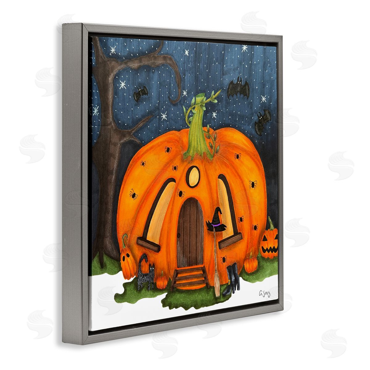 Ale Saiz Studio Pumpkin House In Woods Gray Floating Frame Canvas Wall Art Print