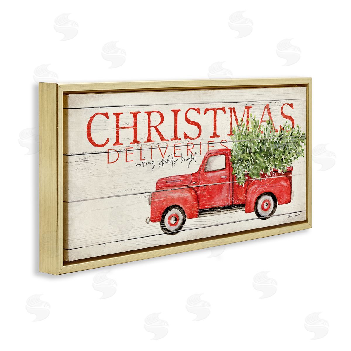 Stephanie Workman Marrott Christmas Deliveries Red Truck Gold Floating Frame Canvas Wall Art Print