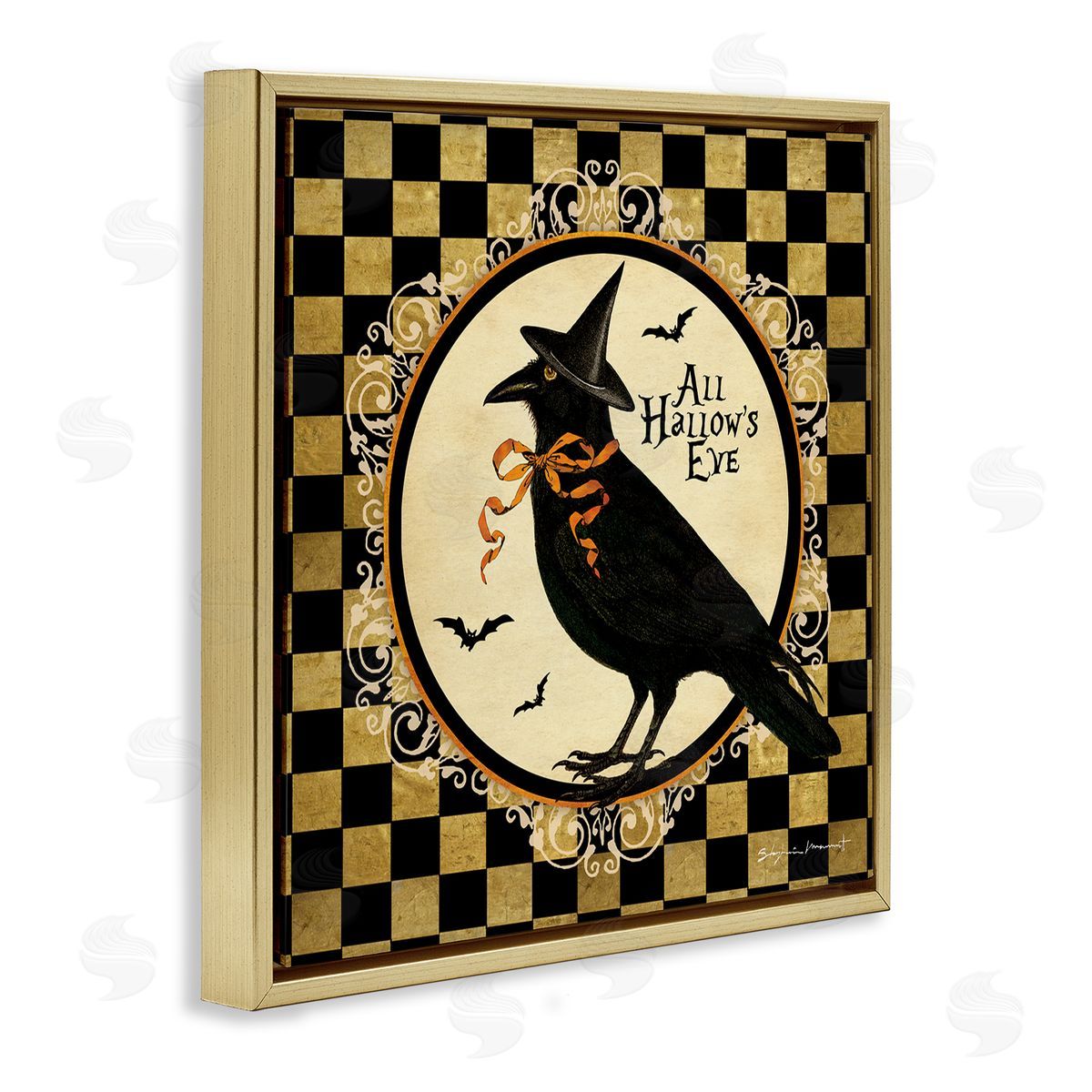 Stephanie Workman Marrott All Hallow's Eve Halloween Crow Gold Floating Frame Canvas Wall Art Print