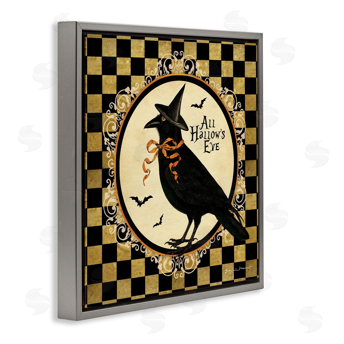 Stephanie Workman Marrott All Hallow's Eve Halloween Crow Gray Floating Frame Canvas Wall Art Print