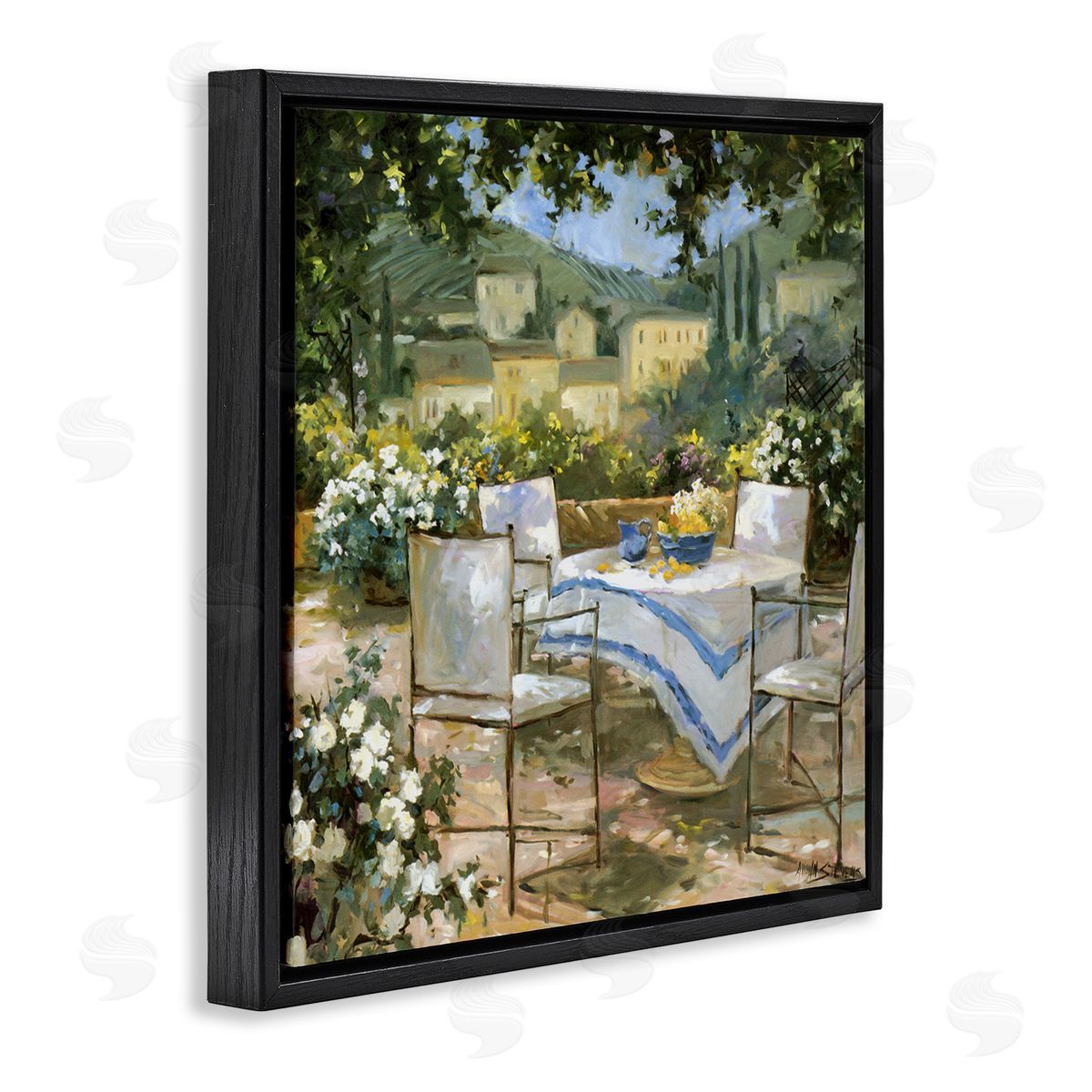 Allayn Stevens Floral Villa Patio Scenery Black Floating Frame Canvas Wall Art Print