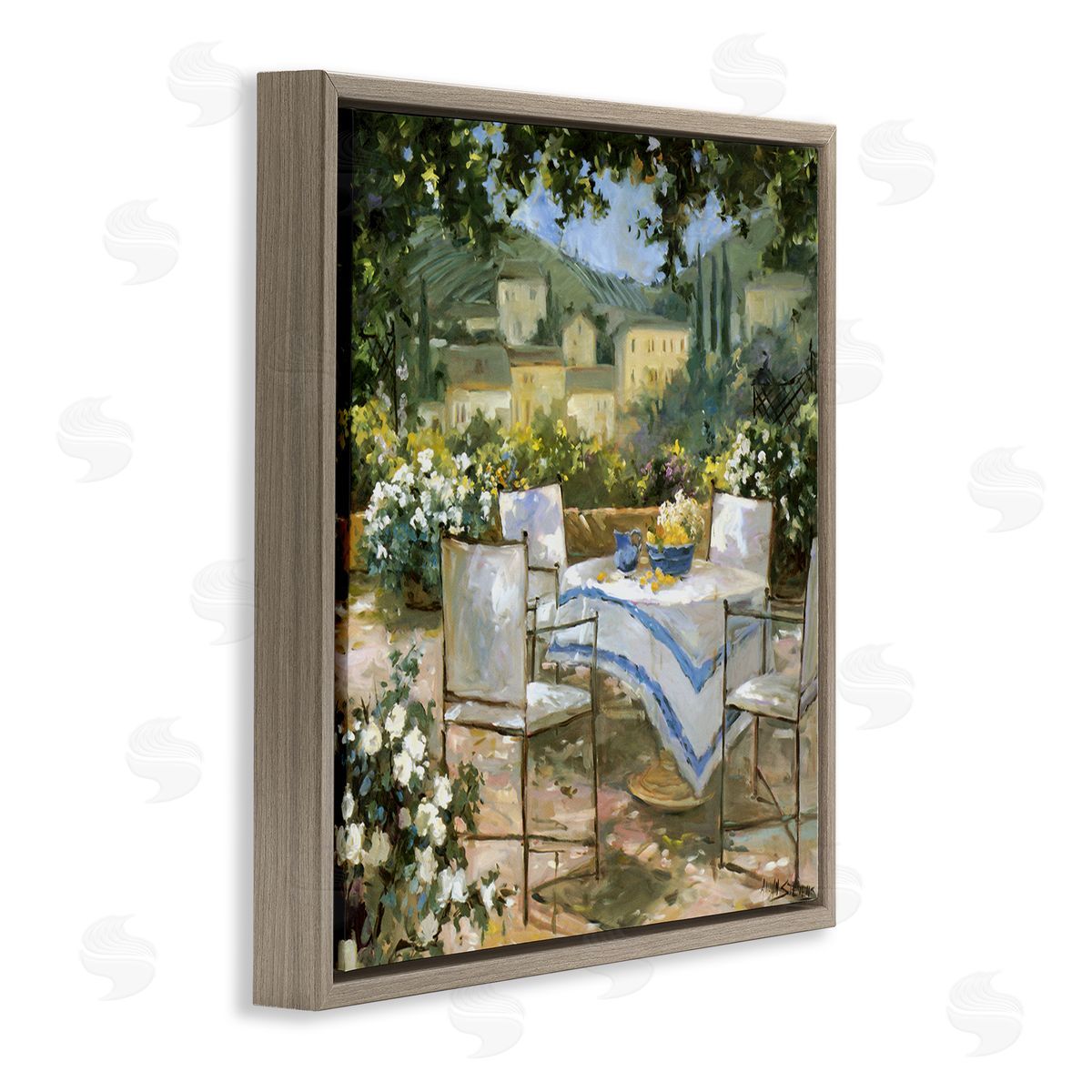 Allayn Stevens Floral Villa Patio Scenery Brown Floating Frame Canvas Wall Art Print
