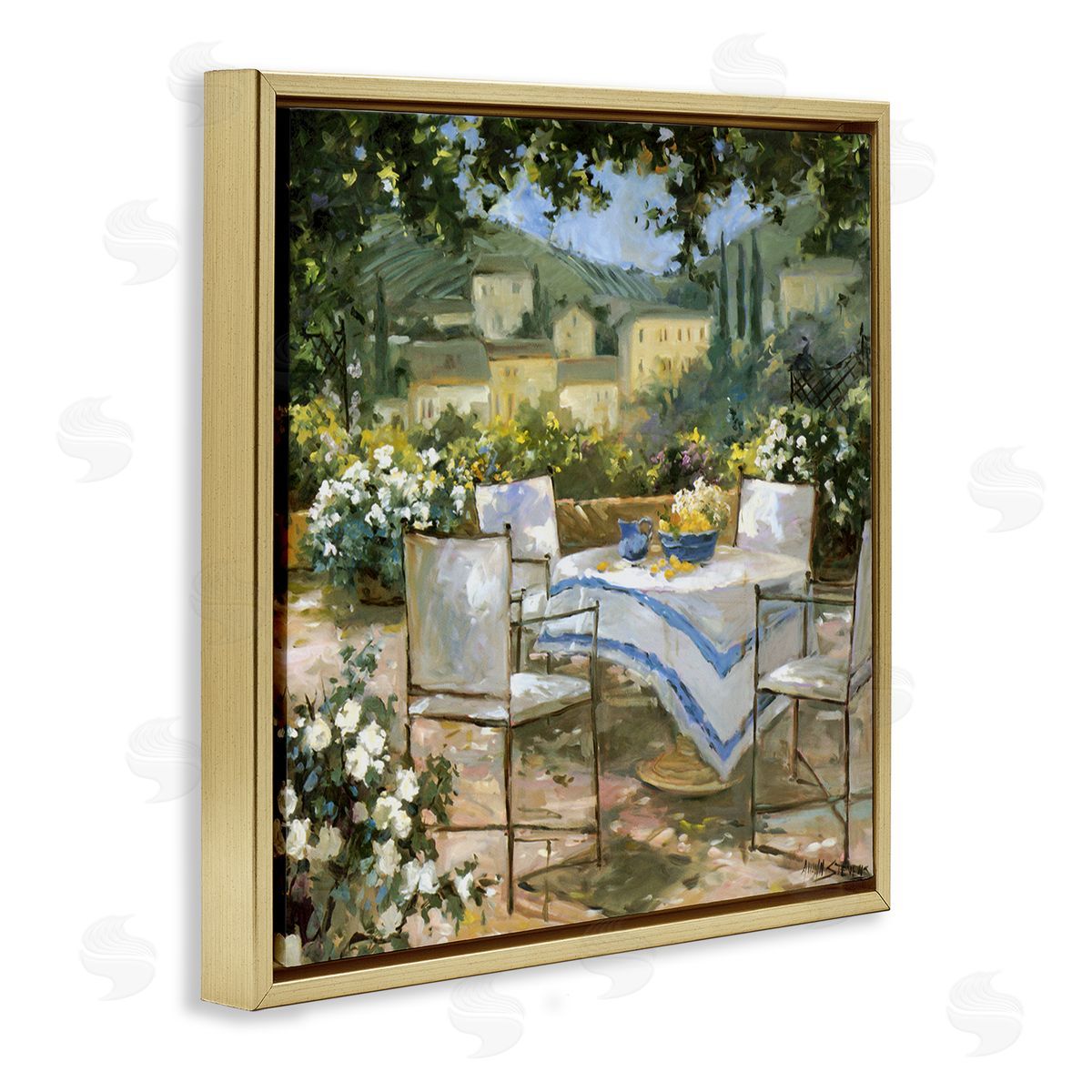 Allayn Stevens Floral Villa Patio Scenery Gold Floating Frame Canvas Wall Art Print