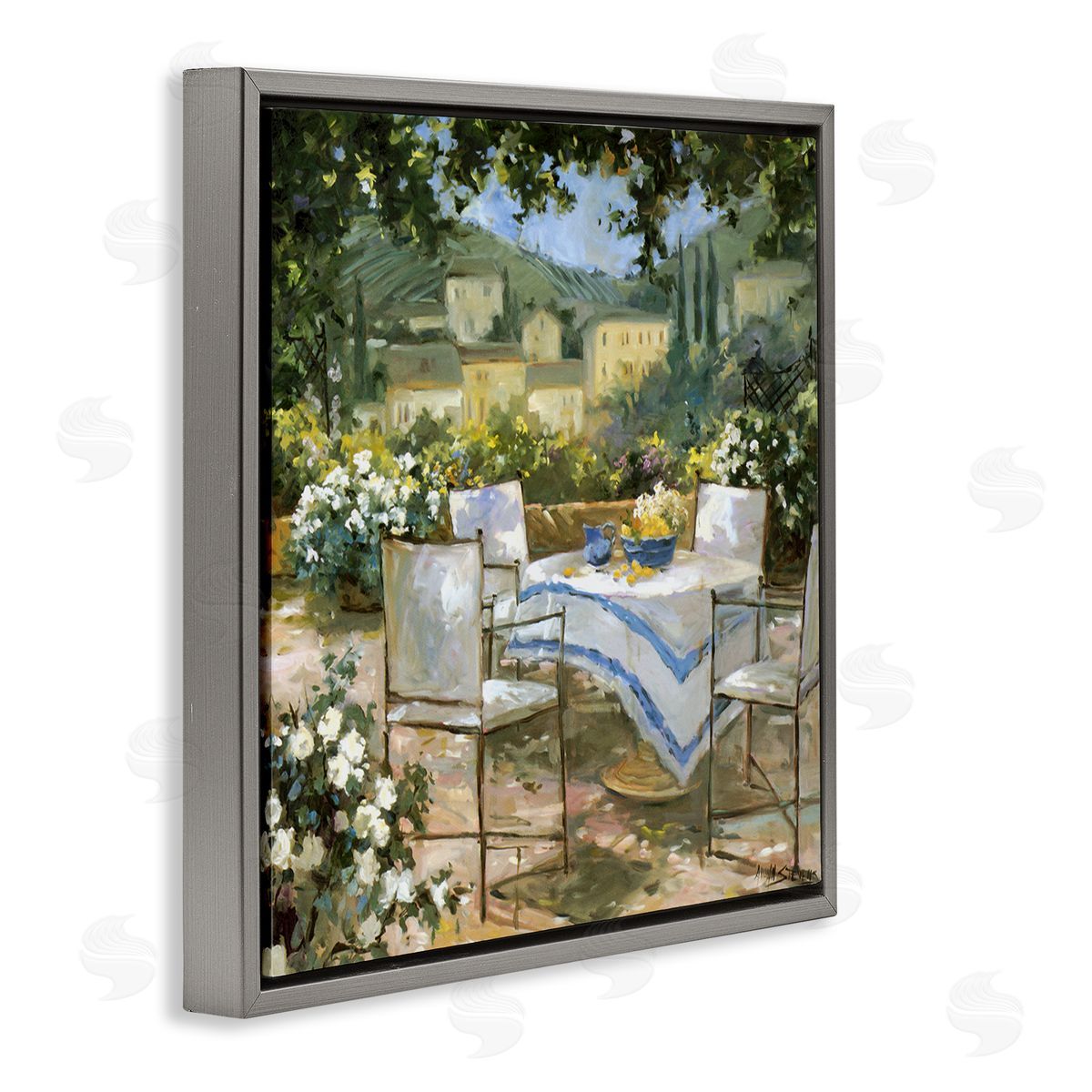 Allayn Stevens Floral Villa Patio Scenery Gray Floating Frame Canvas Wall Art Print