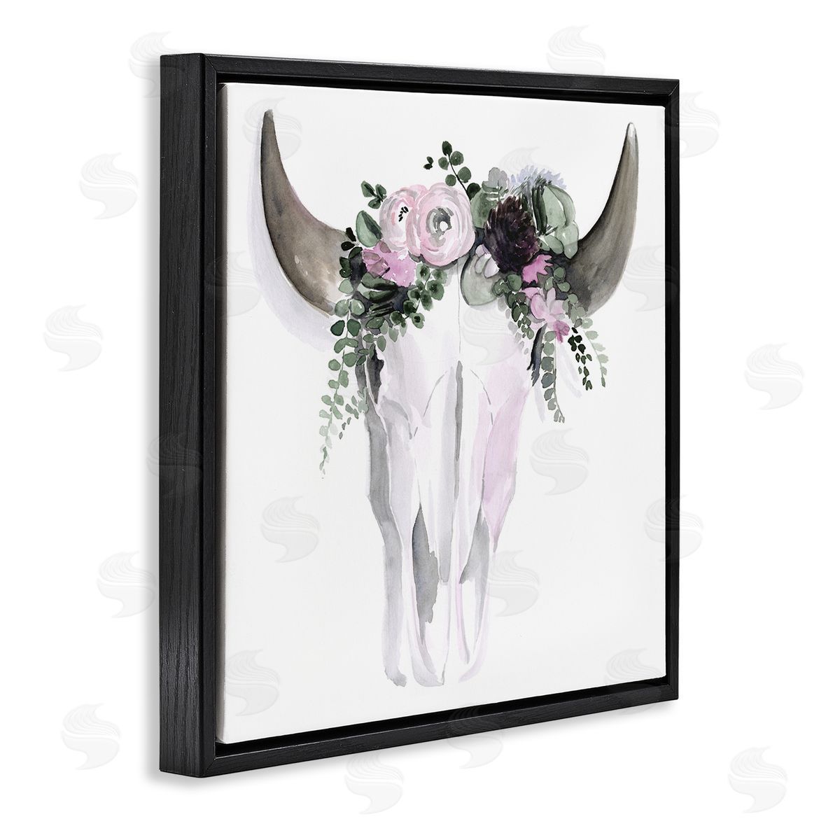 Jennifer Paxton Parker Boho Cattle Skull Floral Garland Black Floating Frame Canvas Wall Art Print