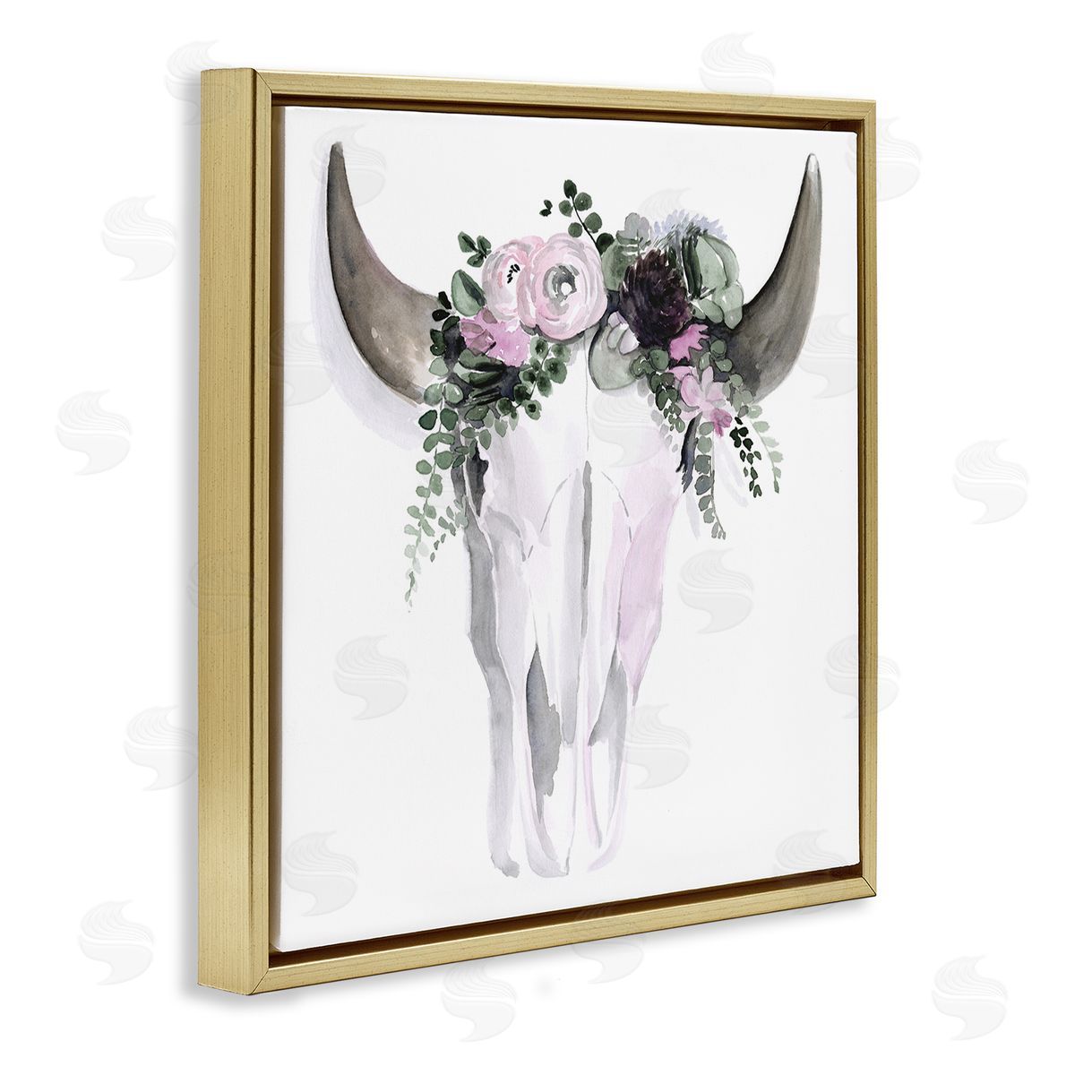 Jennifer Paxton Parker Boho Cattle Skull Floral Garland Gold Floating Frame Canvas Wall Art Print
