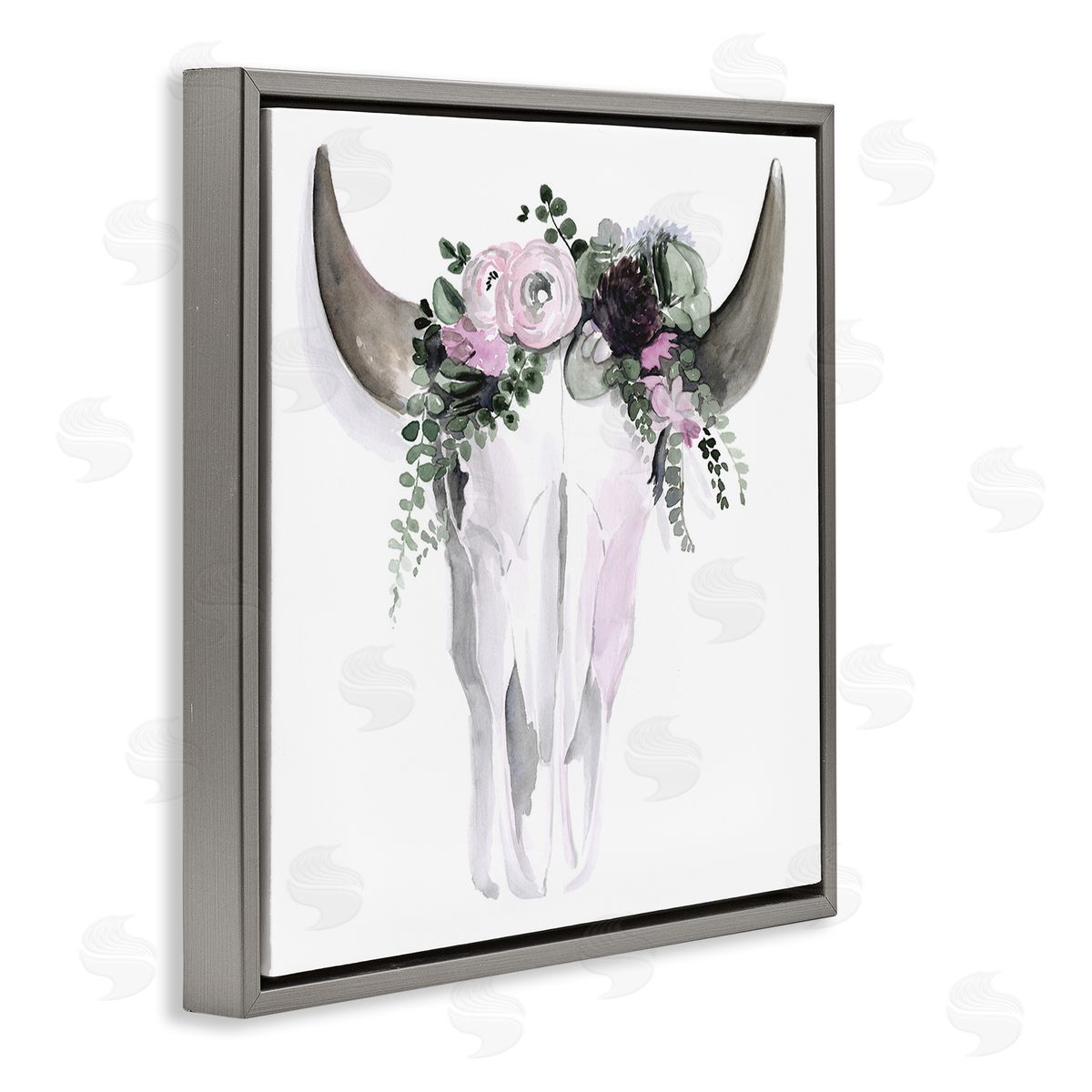 Jennifer Paxton Parker Boho Cattle Skull Floral Garland Gray Floating Frame Canvas Wall Art Print