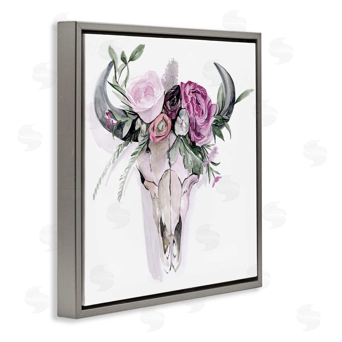 Jennifer Paxton Parker Cattle Skull Roses Arrangement Gray Floating Frame Canvas Wall Art Print
