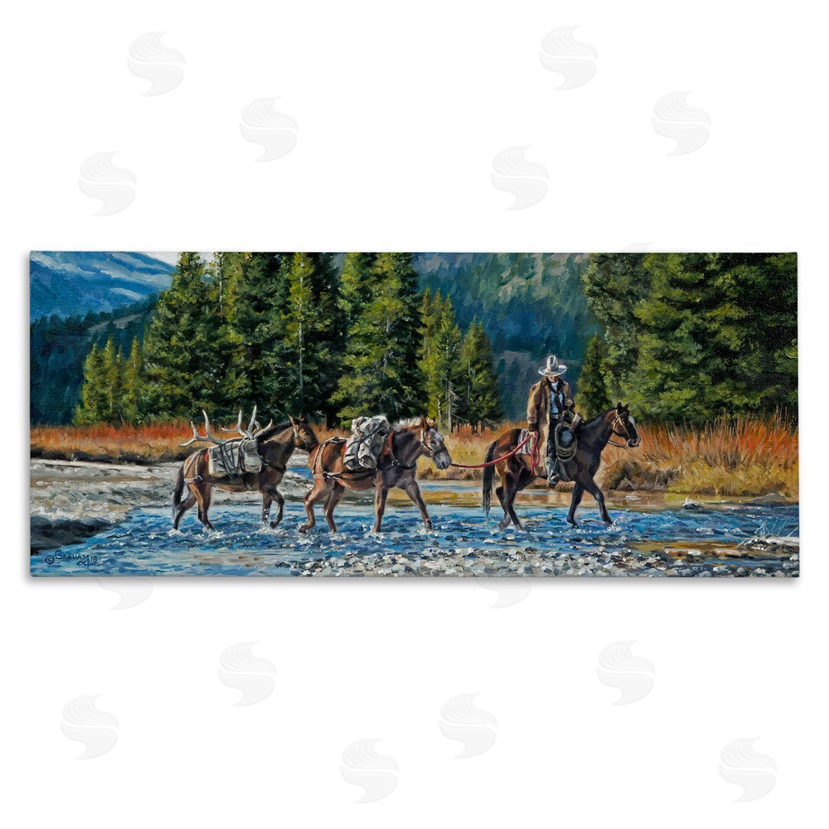 David Graham Crossing River Cowboy Landscape Stretched Canvas Wall Art Print