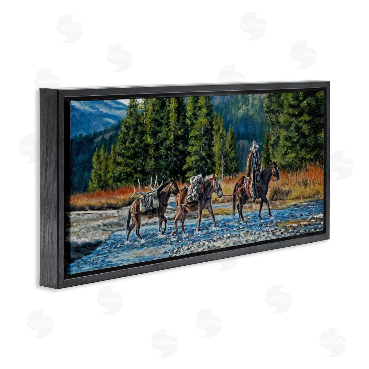 David Graham Crossing River Cowboy Landscape Black Floating Frame Canvas Wall Art Print