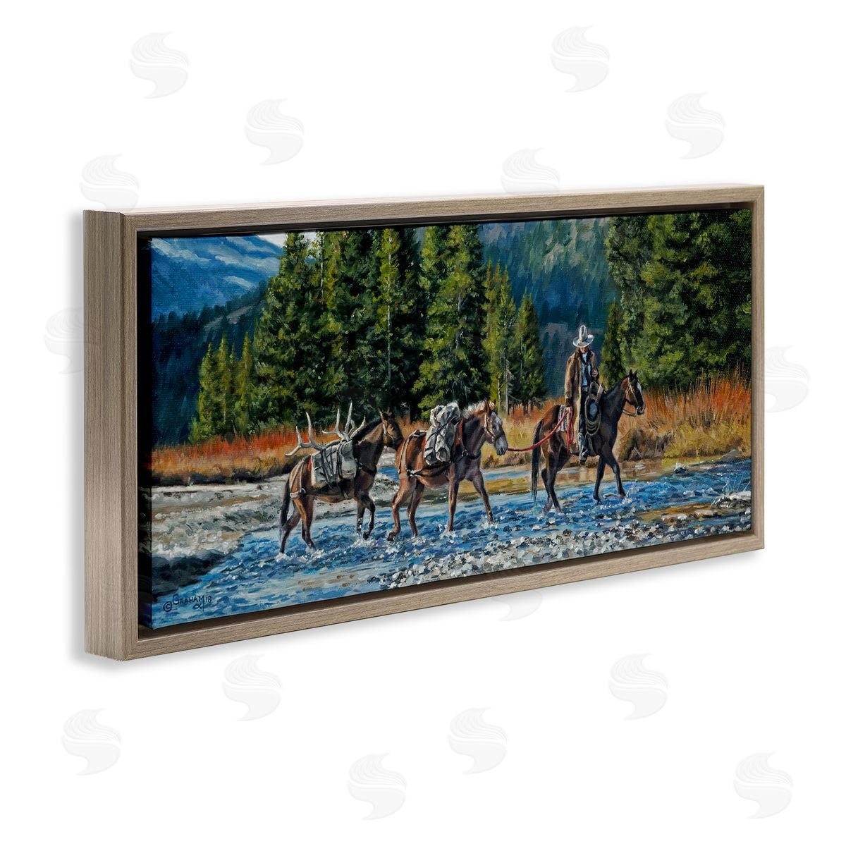 David Graham Crossing River Cowboy Landscape Brown Floating Frame Canvas Wall Art Print