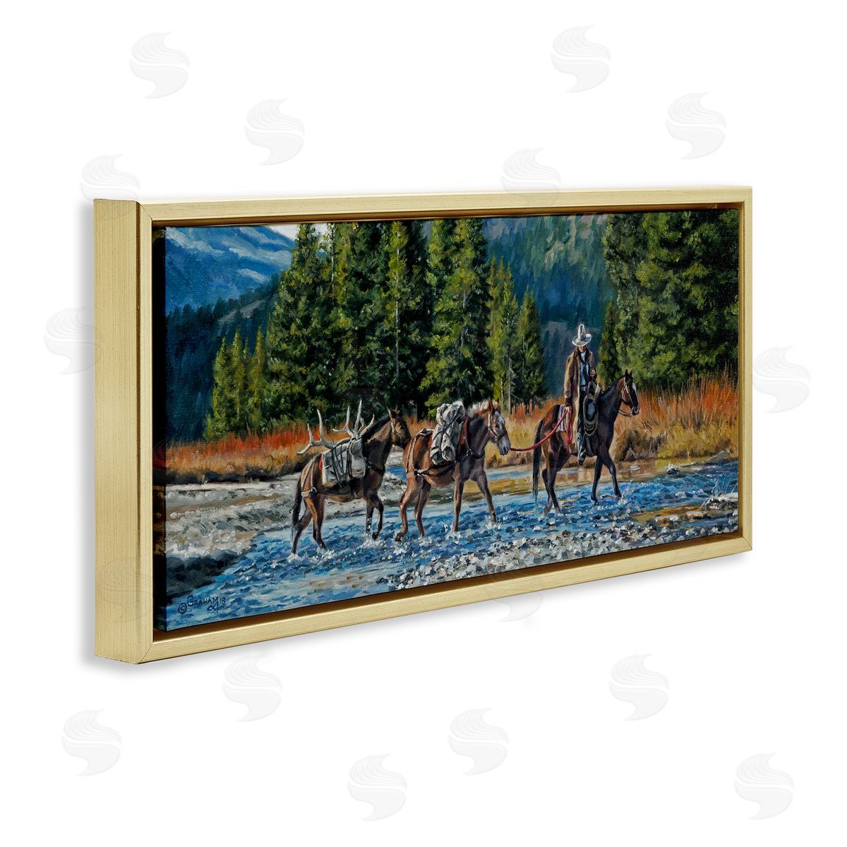 David Graham Crossing River Cowboy Landscape Gold Floating Frame Canvas Wall Art Print