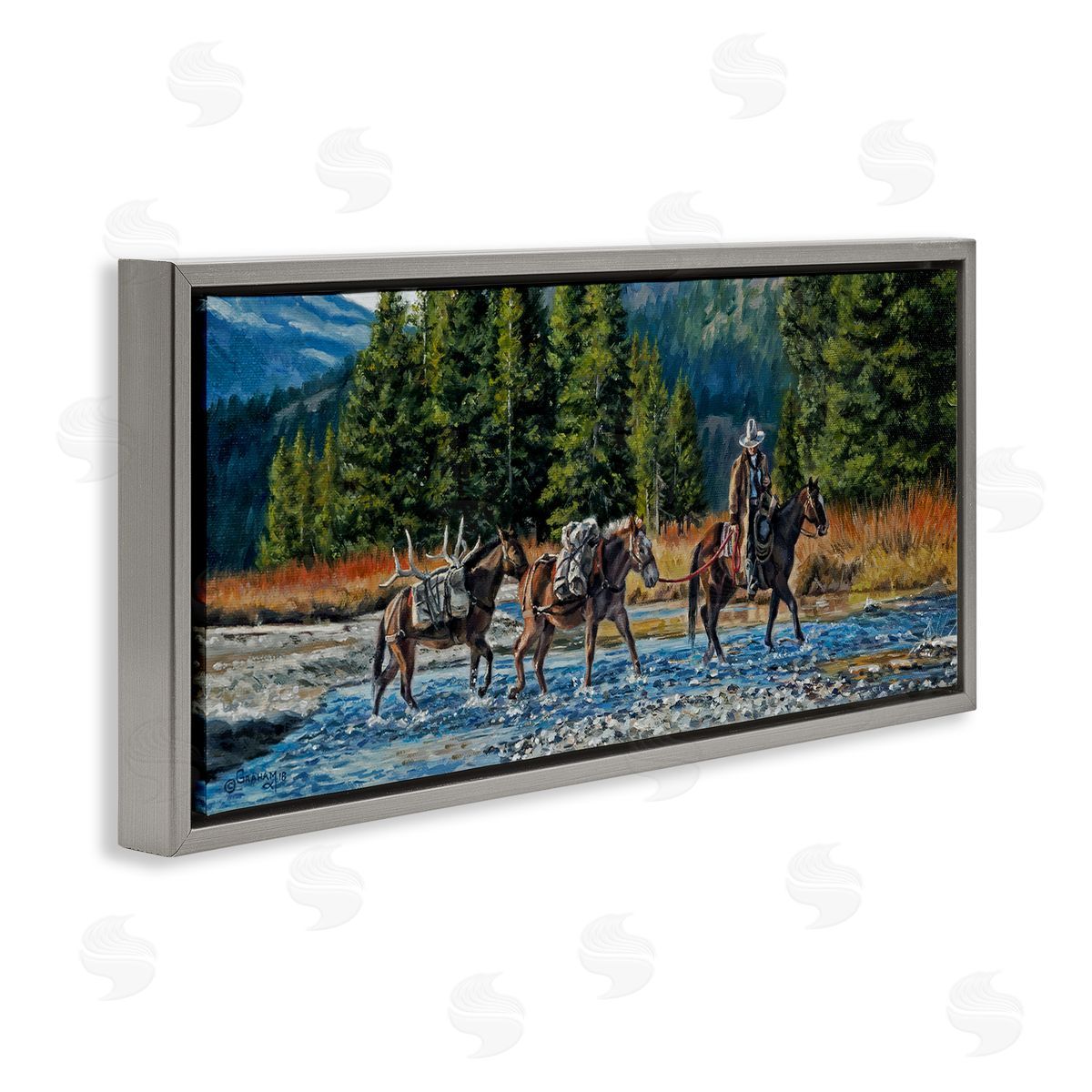 David Graham Crossing River Cowboy Landscape Gray Floating Frame Canvas Wall Art Print