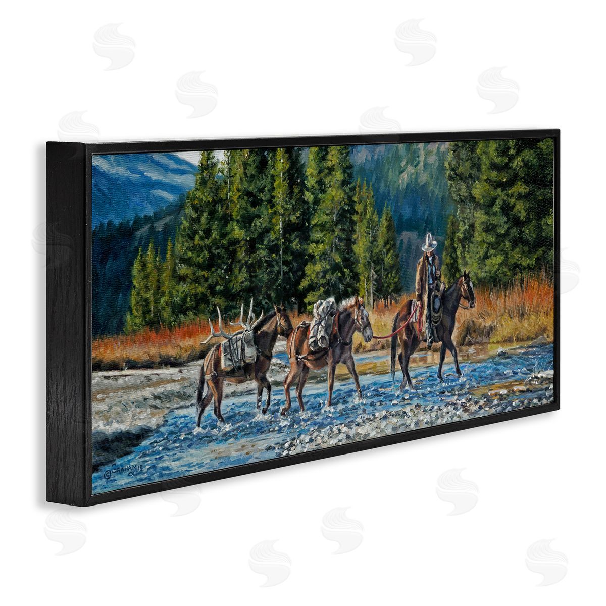 David Graham Crossing River Cowboy Landscape Black Framed Glicee Wall Art Print