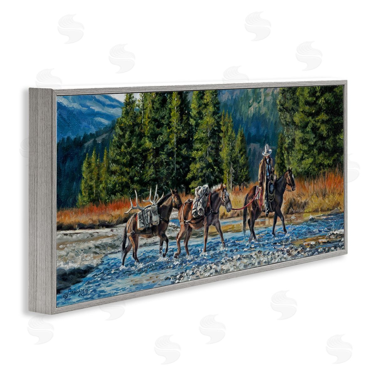 David Graham Crossing River Cowboy Landscape Gray Framed Glicee Wall Art Print
