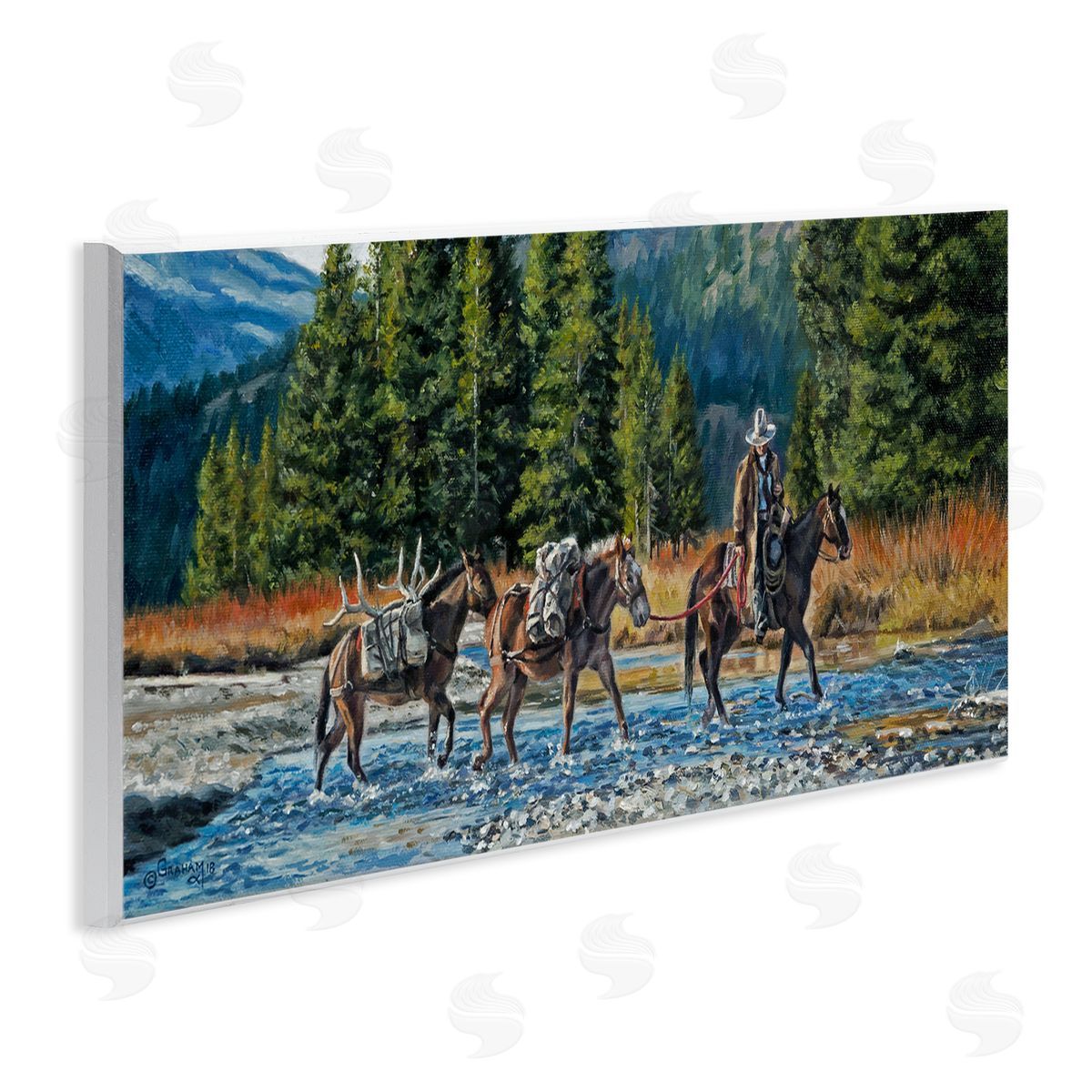 David Graham Crossing River Cowboy Landscape Wooden Wall Plaque Art Print