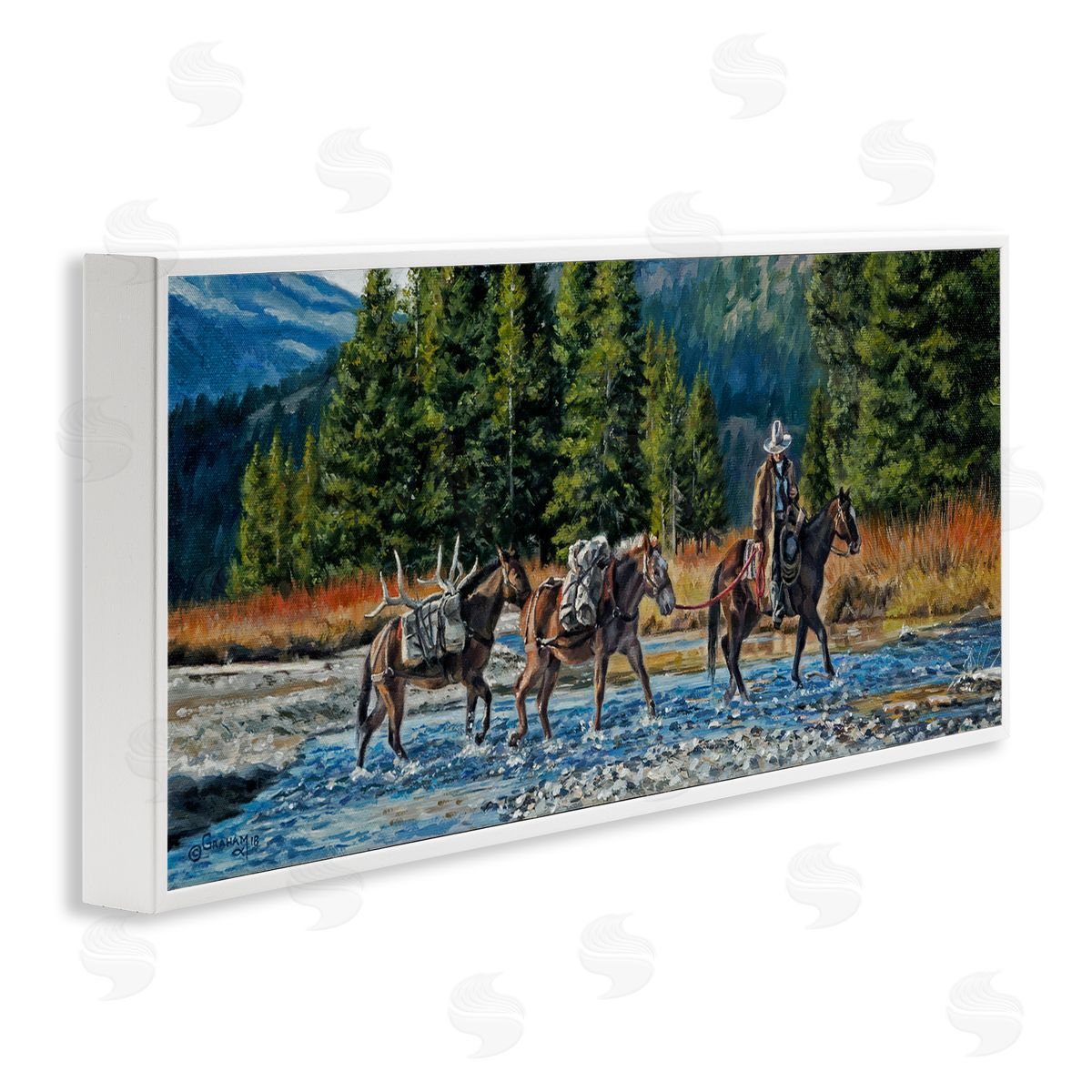 David Graham Crossing River Cowboy Landscape White Framed Glicee Wall Art Print