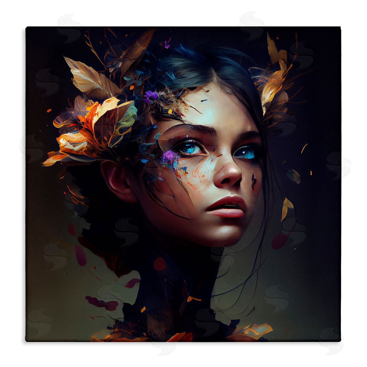 CyberGeek Design Girl With Flowers In Hair Portrait Stretched Canvas Wall Art Print