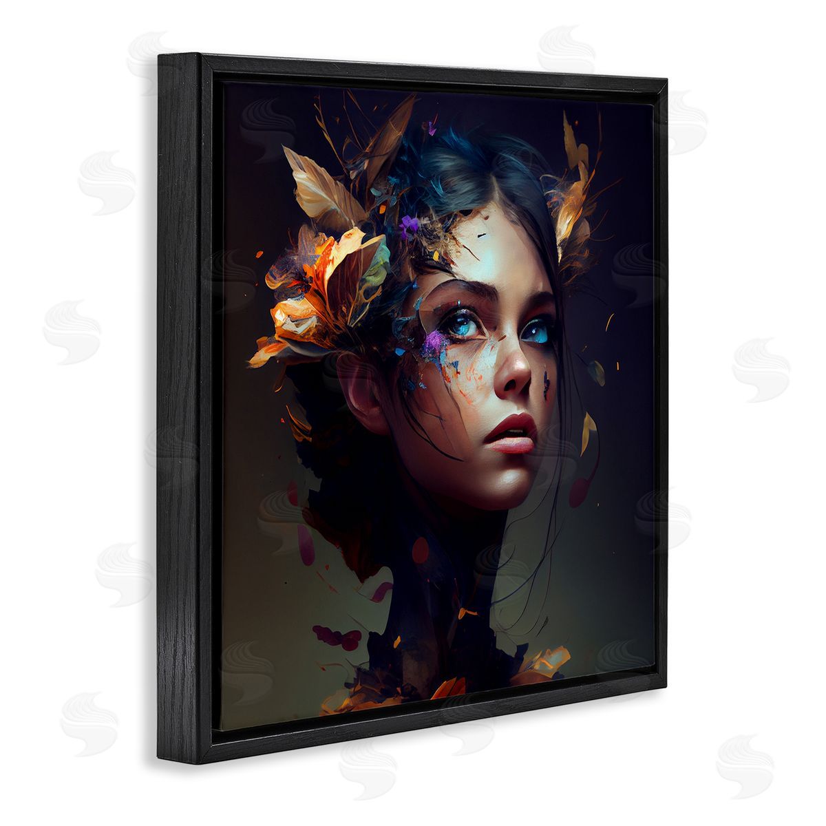 CyberGeek Design Girl With Flowers In Hair Portrait Black Floating Frame Canvas Wall Art Print
