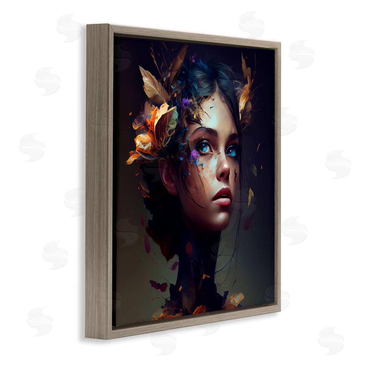 CyberGeek Design Girl With Flowers In Hair Portrait Brown Floating Frame Canvas Wall Art Print