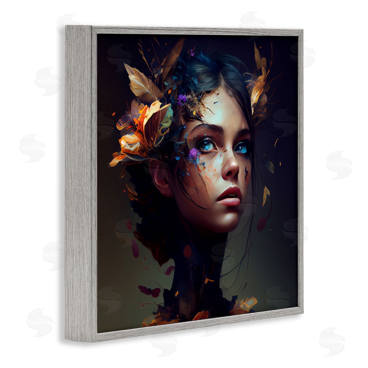 CyberGeek Design Girl With Flowers In Hair Portrait Gray Framed Glicee Wall Art Print