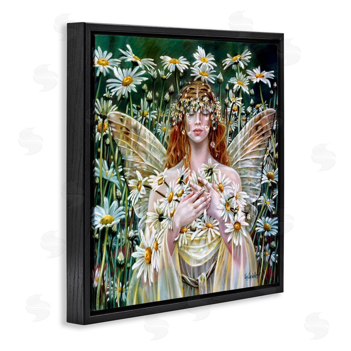 Sheila Wolk Fairy Girl Floral Daisy Field Black Floating Frame Canvas Wall Art Print