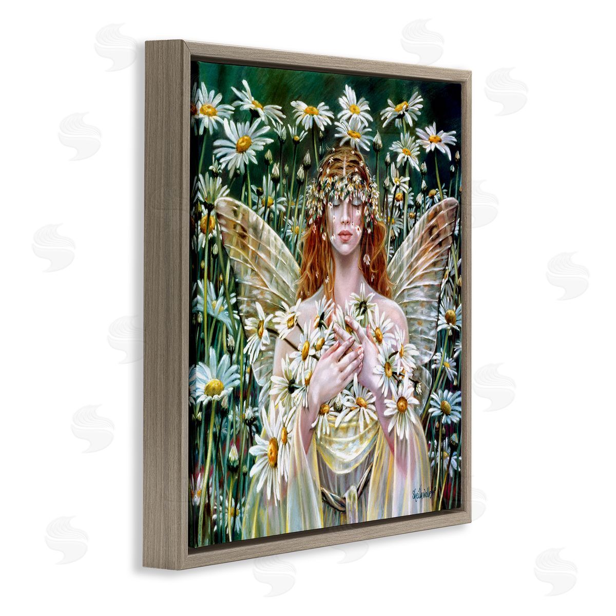Sheila Wolk Fairy Girl Floral Daisy Field Brown Floating Frame Canvas Wall Art Print