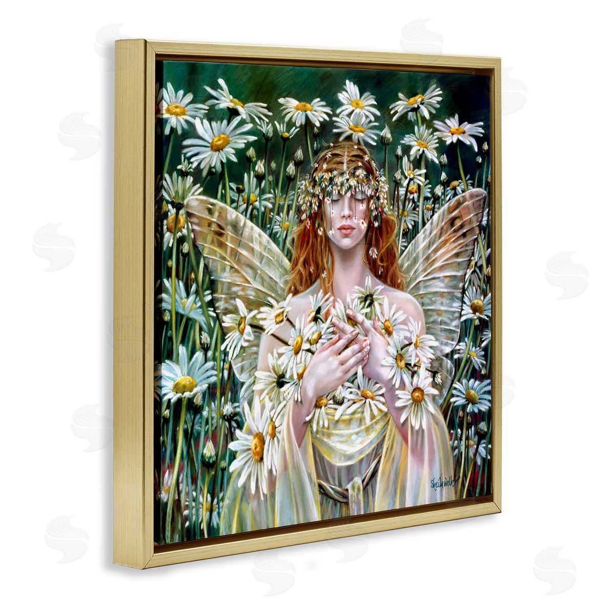 Sheila Wolk Fairy Girl Floral Daisy Field Gold Floating Frame Canvas Wall Art Print